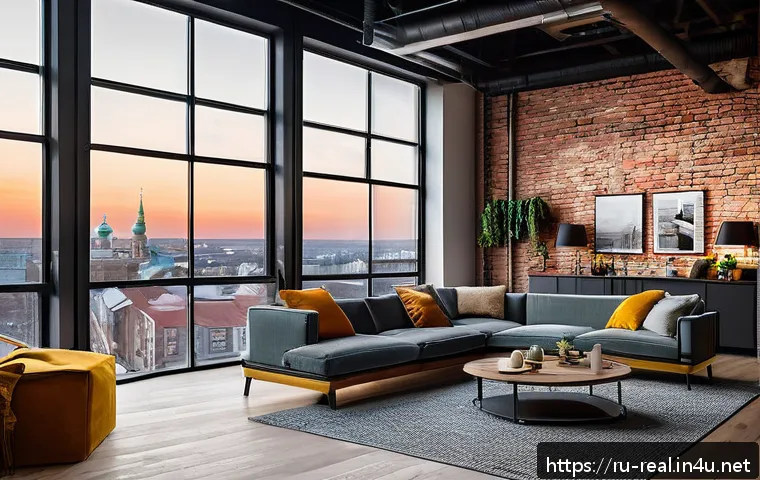 공인중개사 부동산 투자 트렌드 이해 - A modern loft apartment interior in a vibrant Russian city, showcasing exposed brick walls, large in...