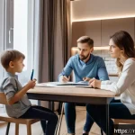 Home 23 공인중개사로서 고객 상담 스토리 - A professional real estate agent consulting with a young Russian family in a modern, cozy Moscow apa...