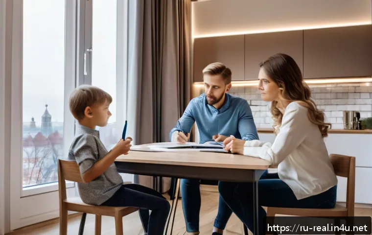 공인중개사로서 고객 상담 스토리 - A professional real estate agent consulting with a young Russian family in a modern, cozy Moscow apa...