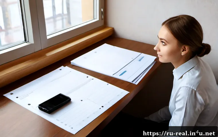 Home 30 공인중개사 시험에 대한 개인적인 생각 - Photorealistic Russian adult learner in a quiet apartment study space, thoughtfully comparing a stac...