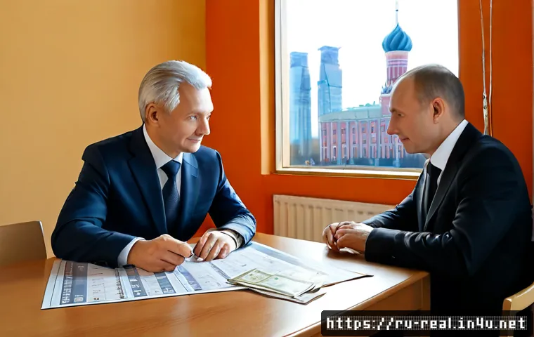 Home 22 공인중개사와 부동산 시장에 대한 통찰력 - Photorealistic Russian real estate agent in a neat business suit consulting an older couple at a bri...